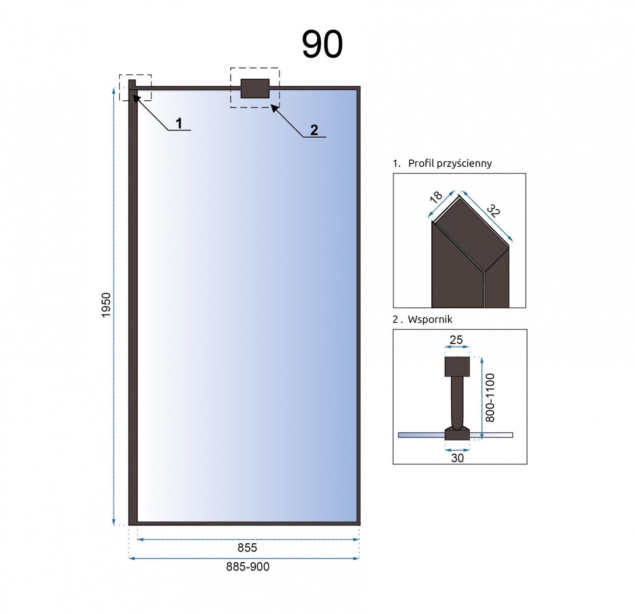 Paravan dus walk-in Aero Negru - 90x195 cm - 1 | YEO