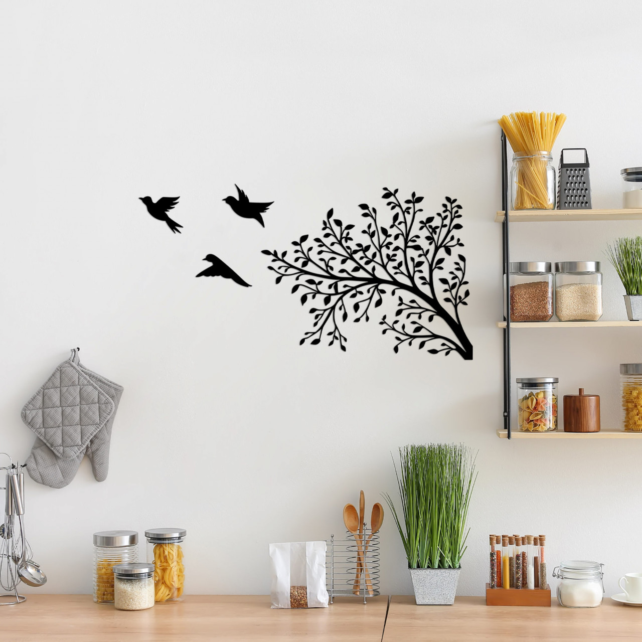 Accesoriu decorativ de perete metalic Birds from the branch - 496