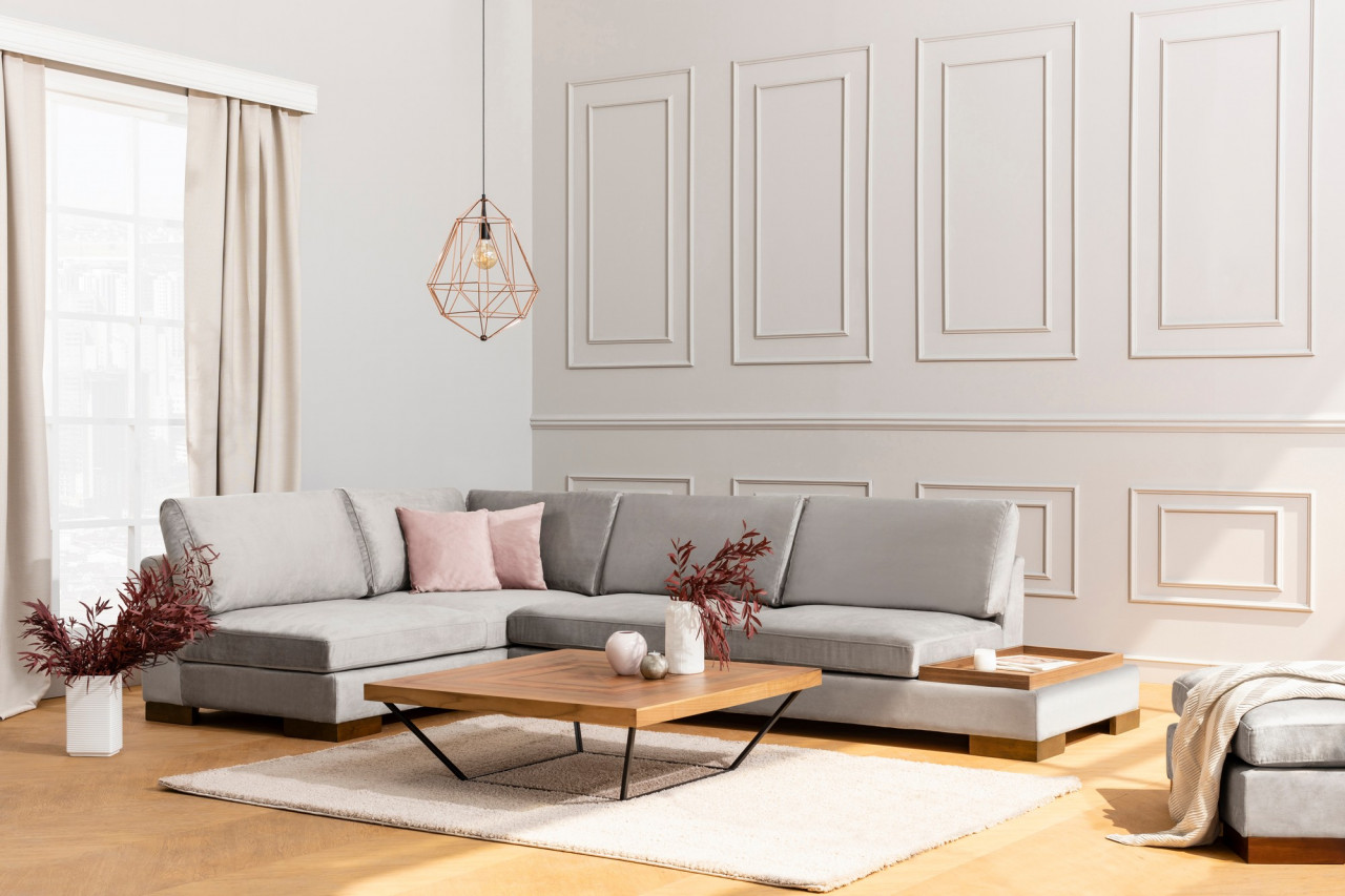 Coltar Tulip Corner pe stanga cu taburet gri deschis