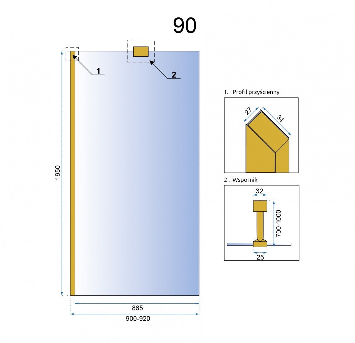 Paravan dus walk-in Aero Gold - 110x195 cm - 1 | YEO