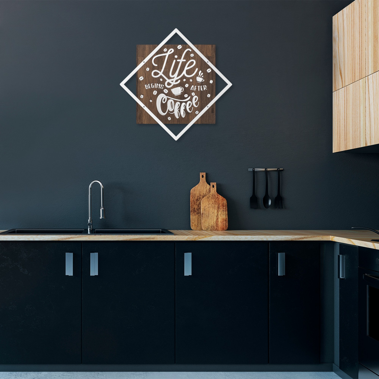 Accesoriu decorativ de perete din lemn Life begins after coffee argintiu