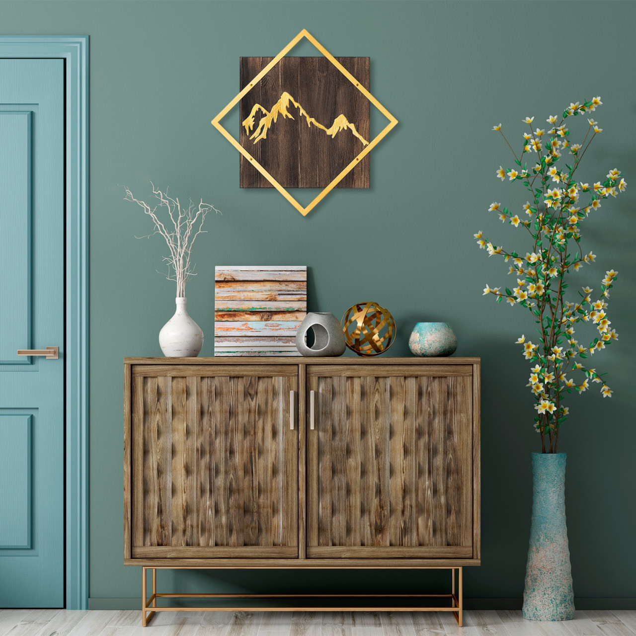 Accesoriu decorativ de perete din lemn Mountain auriu