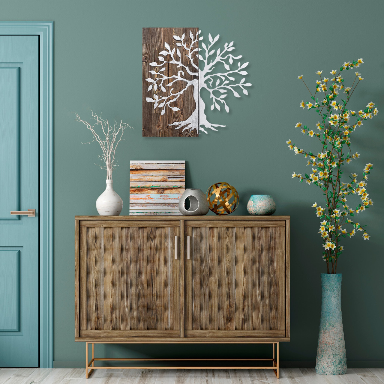 Accesoriu decorativ de perete din lemn Tree argintiu