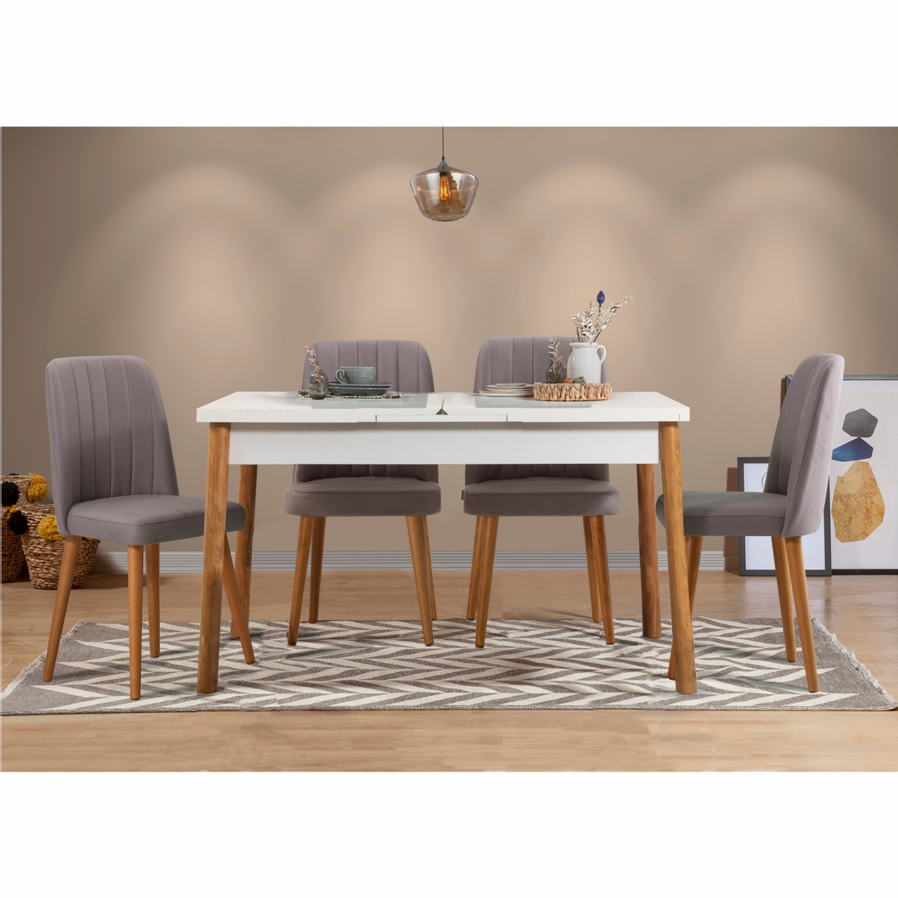 Set masa extensibila si scaune (5 piese) Santiago White Grey Atlantic Pine