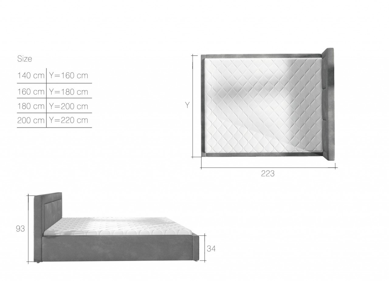 Pat tapitat Belluno – 180/200, L223 x l180 x h93 cm - 3 | YEO