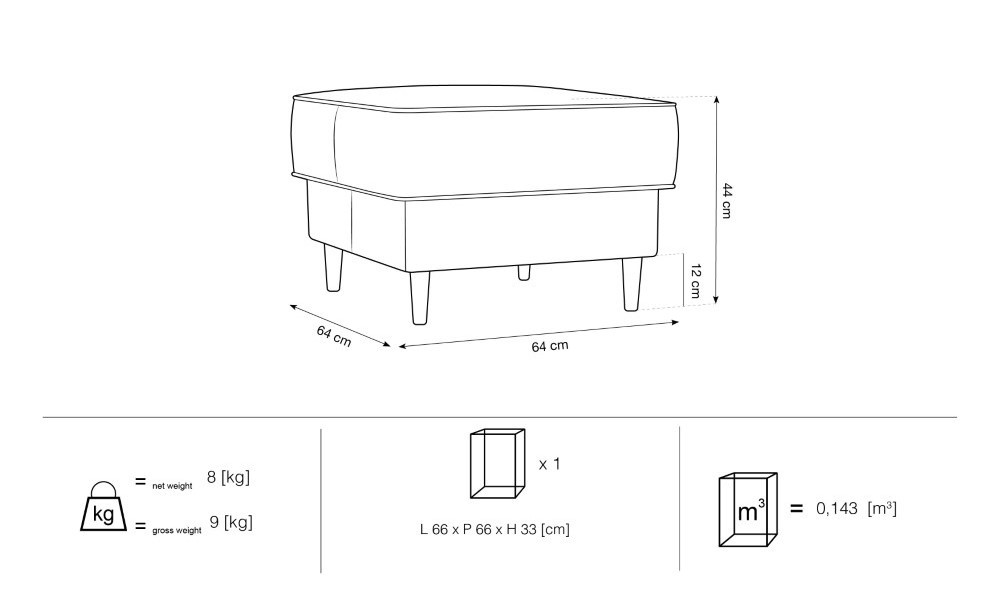 Poze Taburet Fano tapitat picioare negre – L64 x l64 x h44
