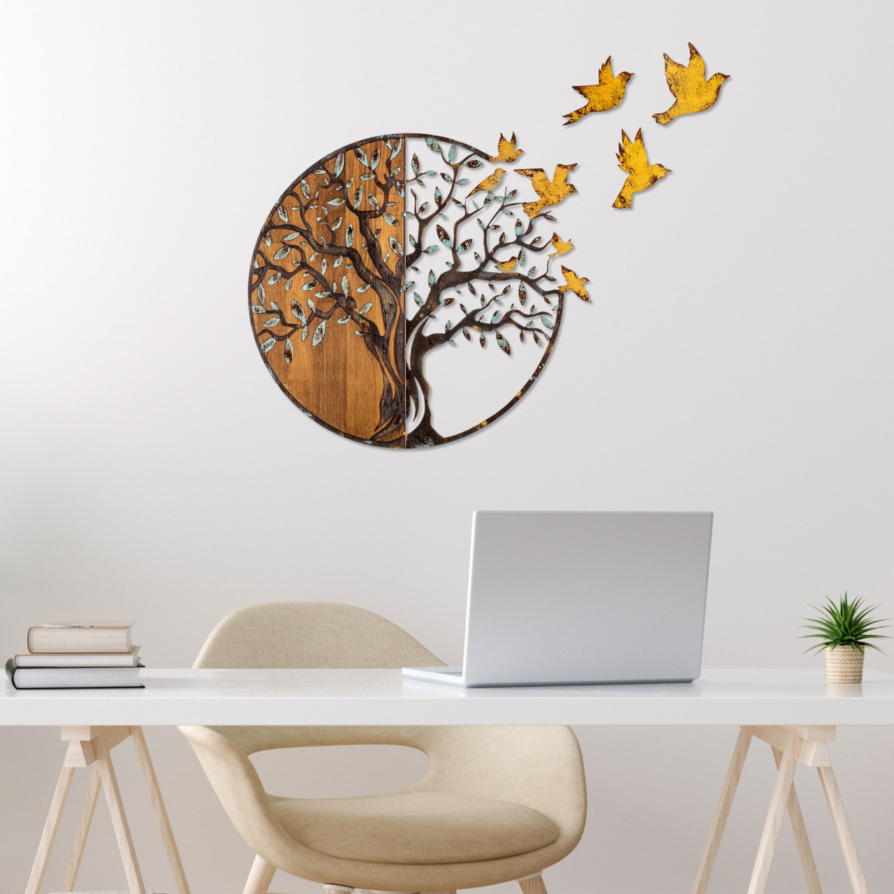 Accesoriu decorativ de perete din lemn Tree And Birds - 322-A