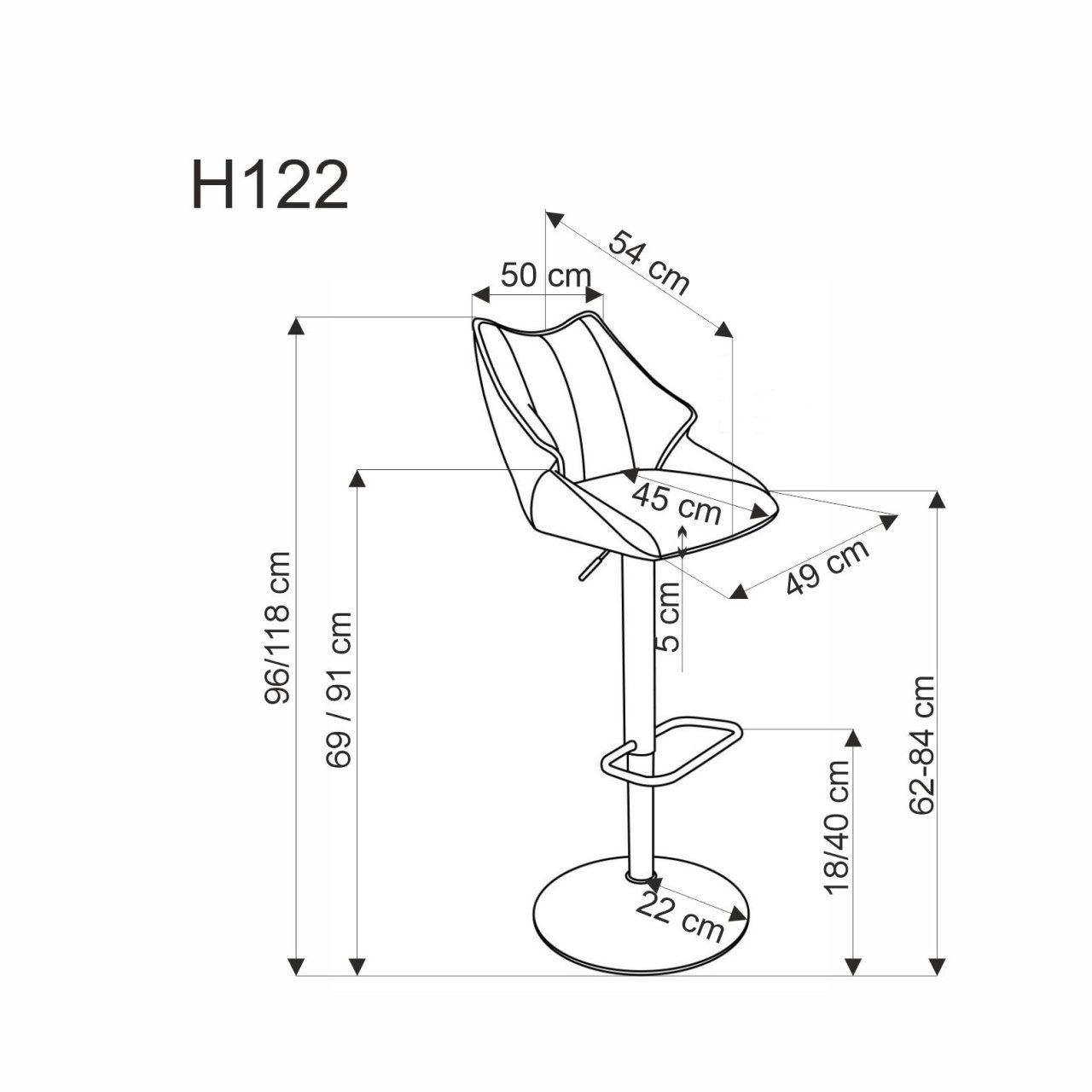 Scaun de bar H122 gri/negru - 1 | YEO