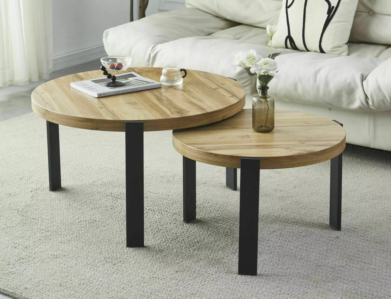 Set 2 mese de cafea Polo stejar artizan/negru ø80/ø60 - 1 | YEO