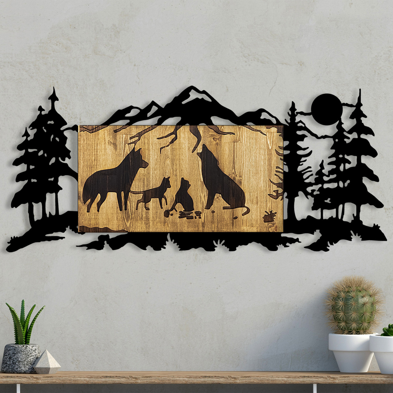 Accesoriu decorativ de perete din lemn Wolf Family