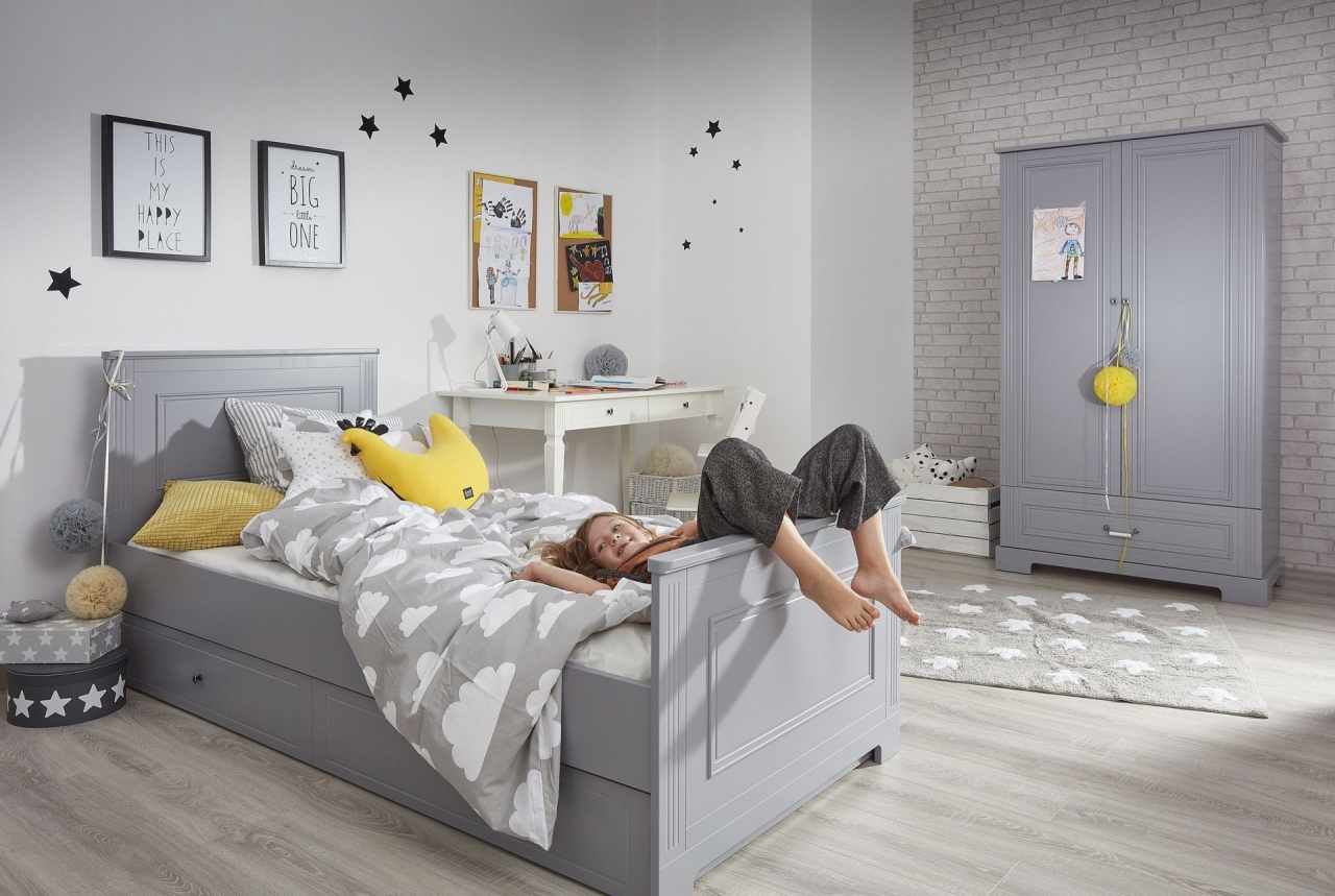 Pat copii Ines gri cu sertar 90x200 cm - 3 | YEO