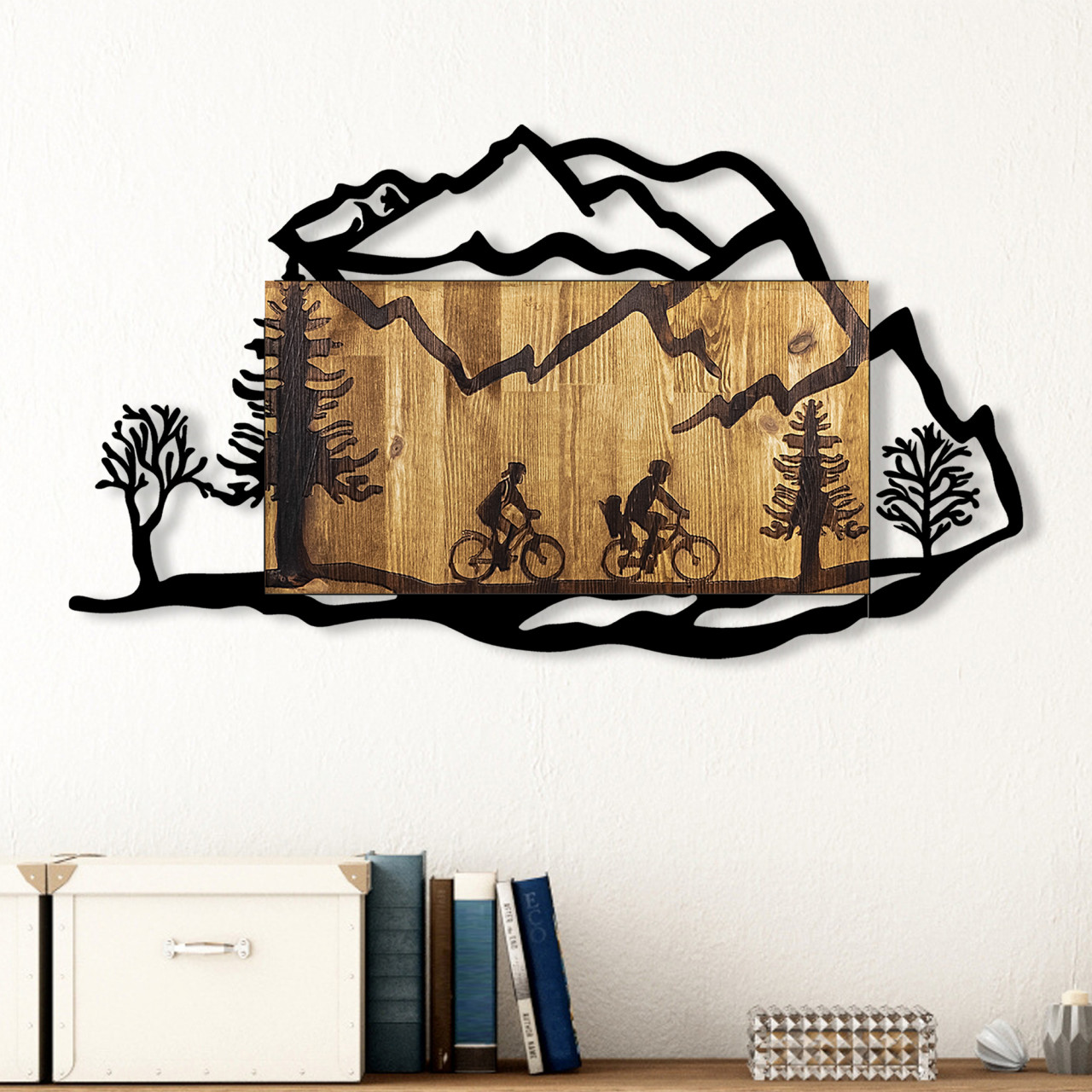 Accesoriu decorativ de perete din lemn Bicycle riding in nature 2