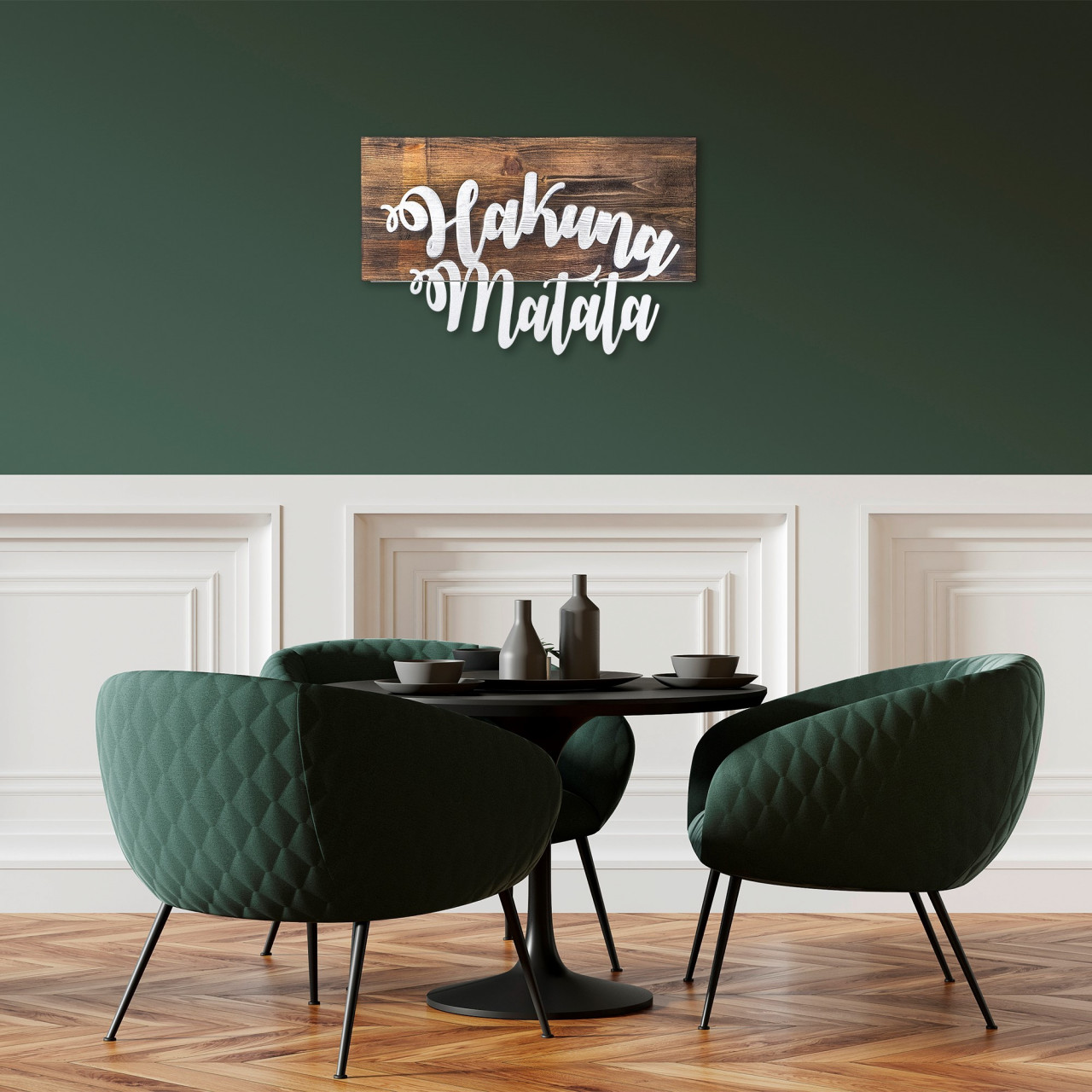 Accesoriu decorativ de perete din lemn Hakuna Matata metal decor argintiu