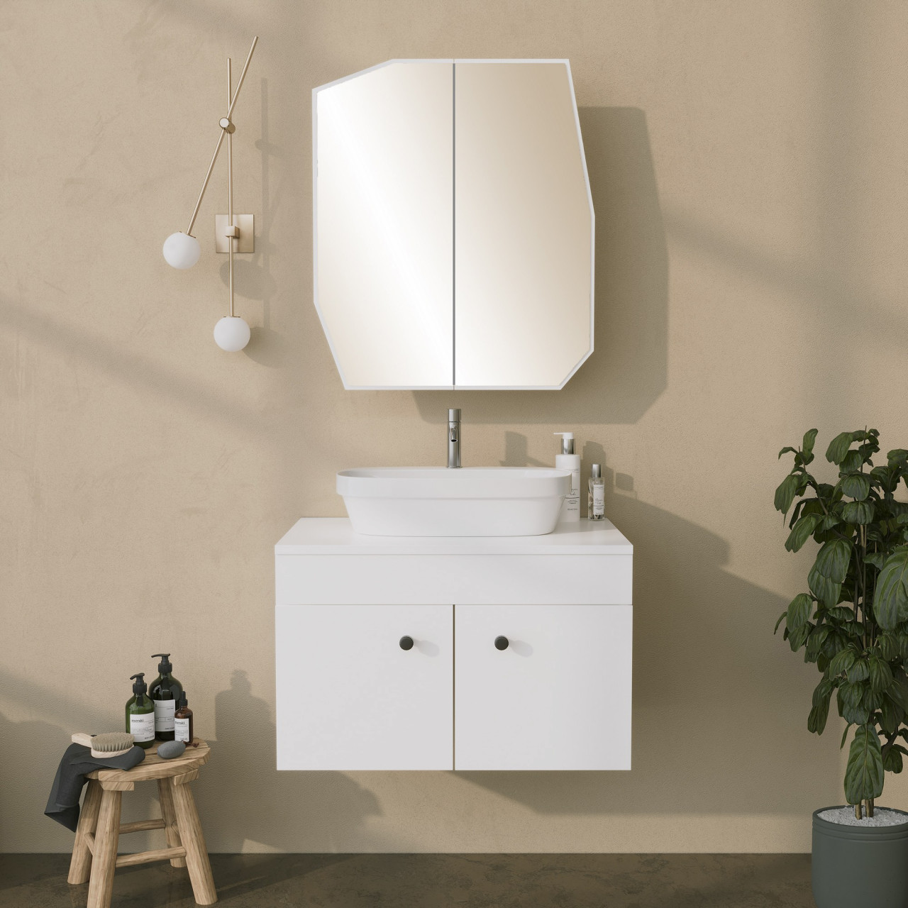 Dulap de baie Quartz alb L50 cm - H45 cm + Oglinda L70 cm - H60 cm