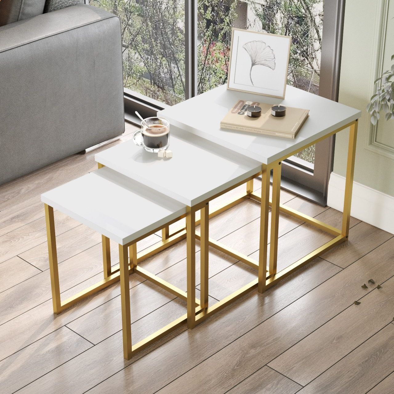 Set 3 mese de cafea VG7-W alb / auriu