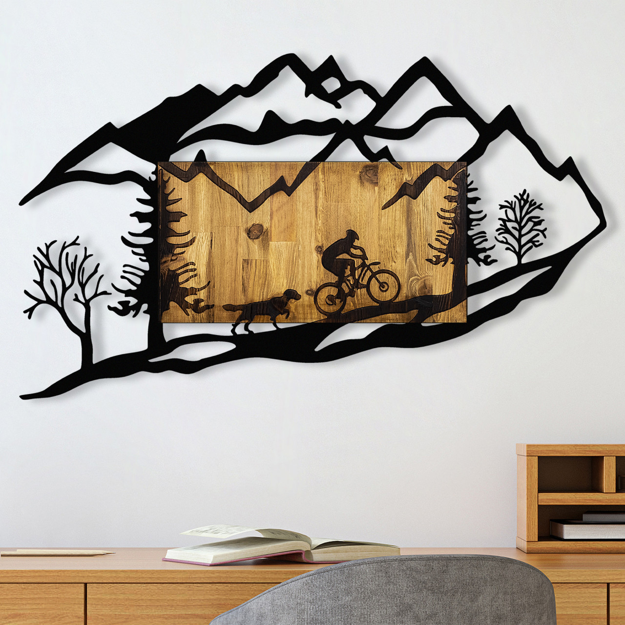 Accesoriu decorativ de perete din lemn Bicycle Riding in Nature 1
