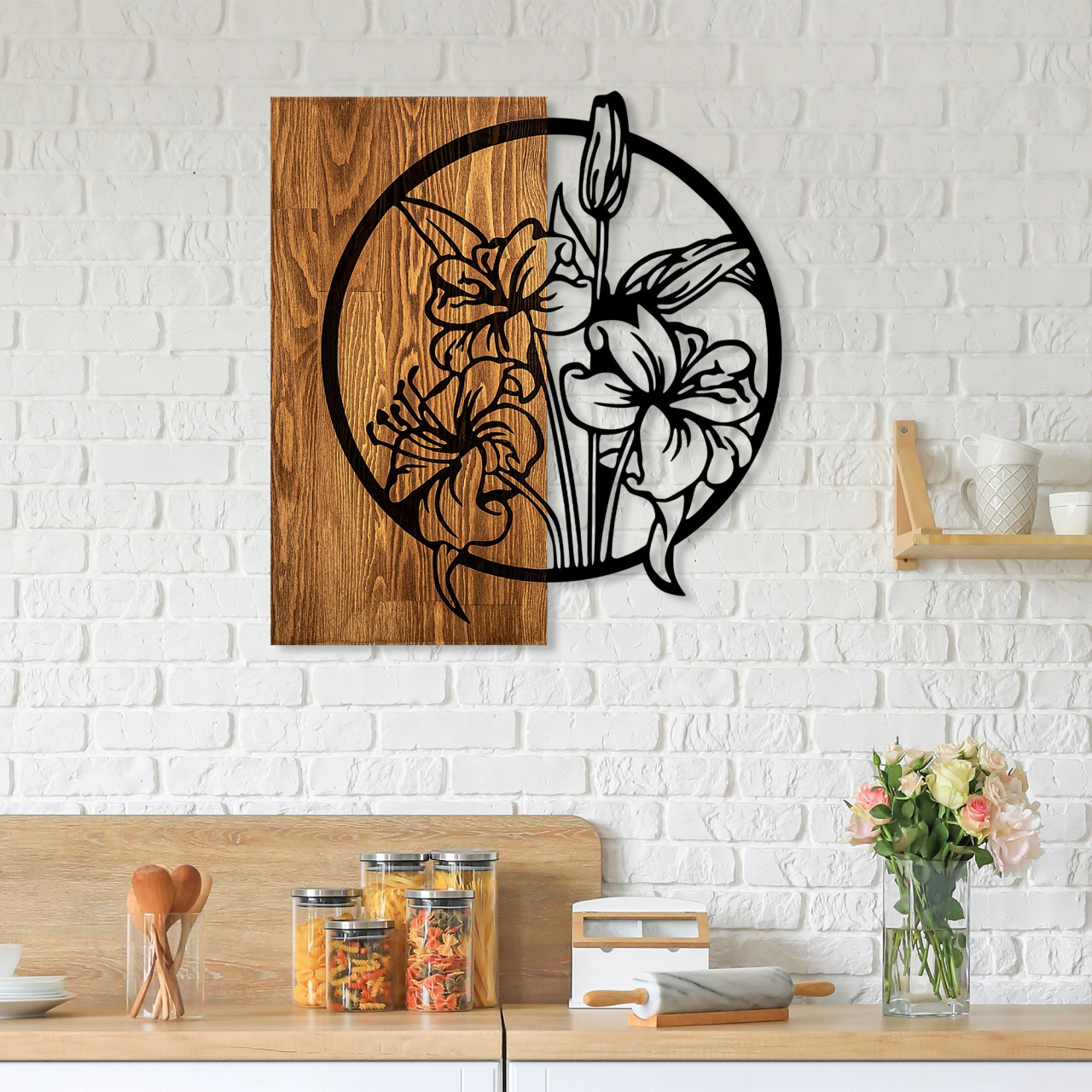 Accesoriu decorativ de perete din lemn Flowers