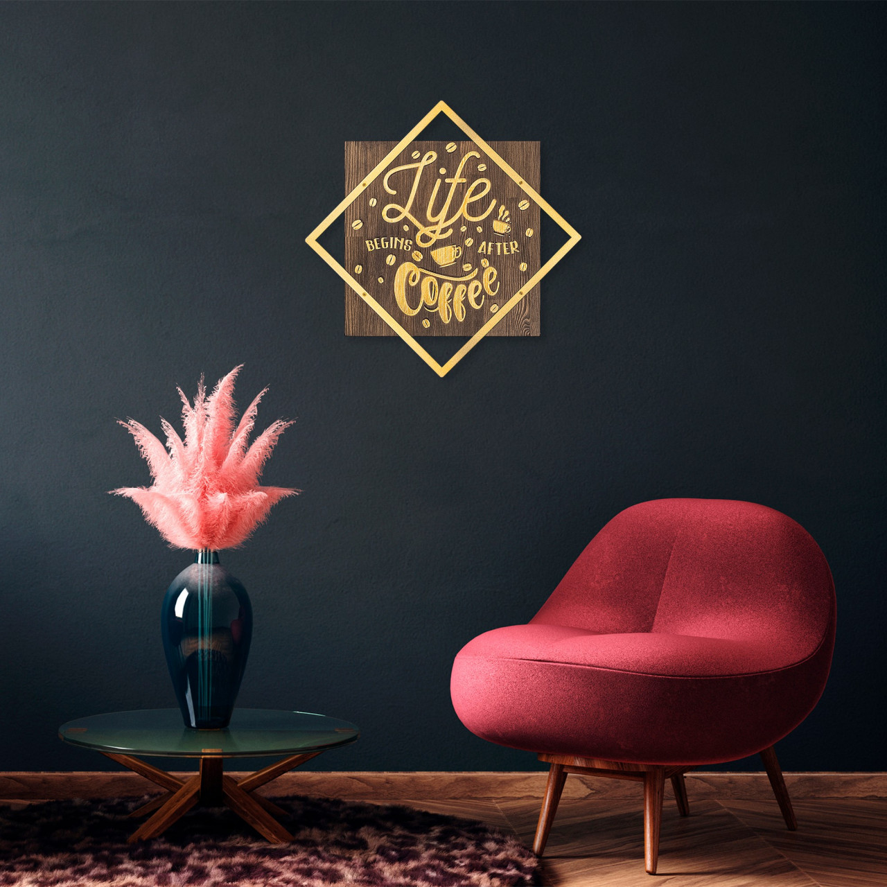 Accesoriu decorativ de perete din lemn Life begins after coffee auriu
