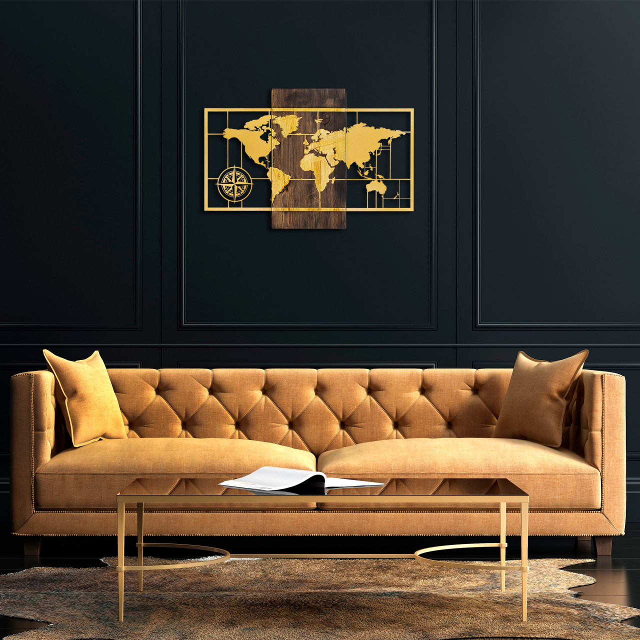 Accesoriu decorativ de perete din lemn World map auriu
