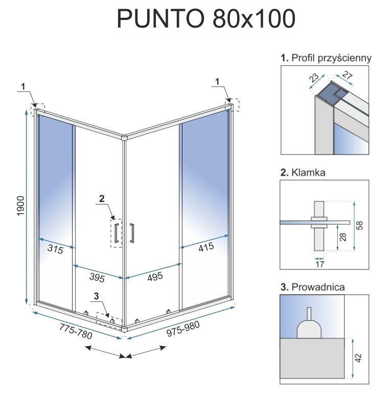 Cabina dus Punto negru - 80x100 cm - 2 | YEO