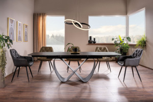 Set masa extensibila Infinity Ceramic negru/negru mat - L160-240 cm + 3 scaune Cherry piele olive + 2 scaune Cherry piele gri