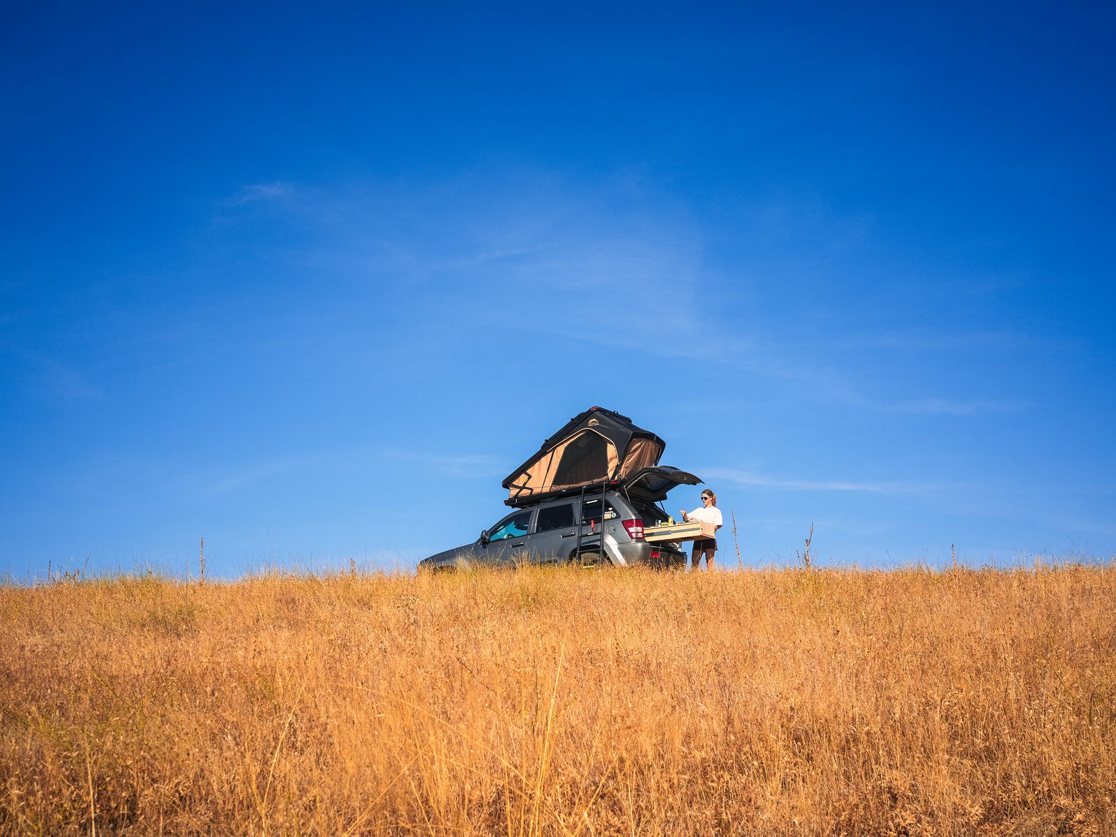 Un 4×4 cu cortul de acoperiș deschis, într-un câmp de iarbă uscată, sub un cer albastru
