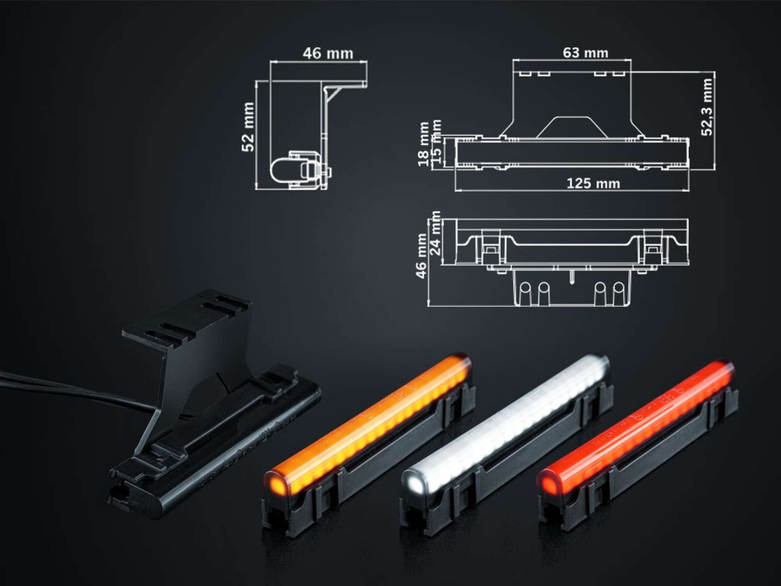 Desenul cu dimensiunile lămpii Strands Freedom Dark Line 125 mm și variantele aprinse chihlimbar, alb și roșu