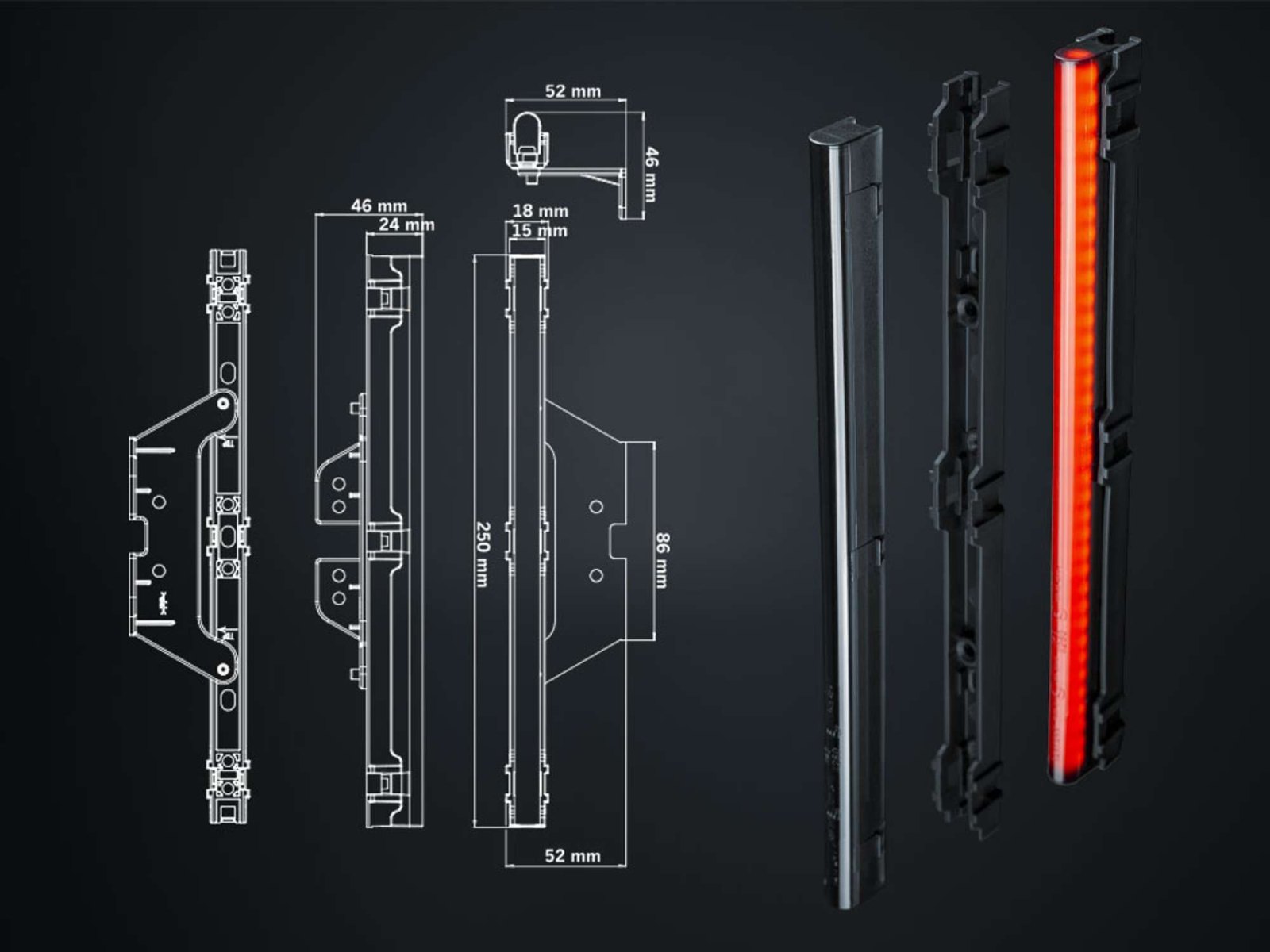 Desenul cu dimensiunile lămpii Strands Freedom Dark Line 250 mm și lampa aprinsă roșu