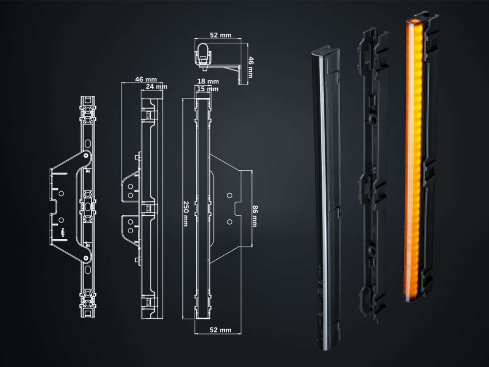 Desenul cu dimensiunile lămpii Strands Freedom Dark Line 250 mm și lampa aprinsă chihlimbar