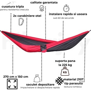 Hamac de camping din nylon tip parașută 210T, capacitate 225 kg, roșu/negru, hikerjoy