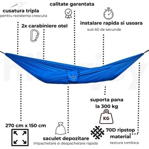 Hamac hikerjoy PRO albastru, ripstop 70D, 300 kg, hikerjoy
