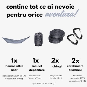 Hamac ultra ușor hikerjoy gri, 20D ripstop nylon, 150 kg, Hikerjoy