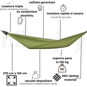 Detalii tehnice ale hamacului: material ripstop, capacitate 150 kg și dimensiuni.