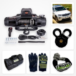 Pachet troliu Premium Dual Speed Jeep Grand Cherokee WK2 (2014-2022): troliu EMD Winch Dual Speed 13000 lbs, suport troliu dedicat și kit accesorii troliu