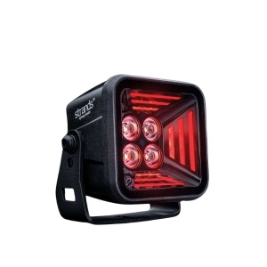 Proiector LED Dark Knight Fortex 85x64x80 mm, 38W, 3200 lm, fascicul flood, lumină poziție roșie, carcasă aluminiu negru, lentilă clar, suport inox, rezistent la apă și praf (IP67/IP69K), Strands