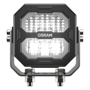 Vedere frontală a proiectorului LED cu suportul de prindere instalat.