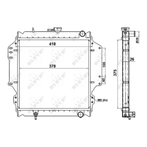 Schemă tehnică a radiatorului NRF pentru Suzuki Samurai (1988-2004), cu dimensiuni de montaj precise.