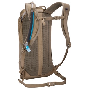 Sistemul de hidratare integrat al rucsacului Thule AllTrail 10L Kaki, cu tub vizibil.