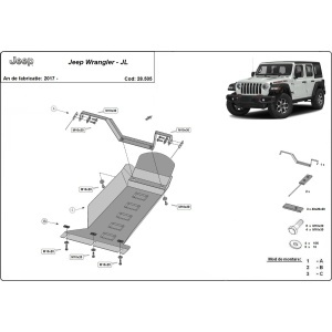 Schemă de montaj cu piesele componente ale scutului pentru Jeep Wrangler JL (2018+).