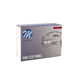Ambalajul original al setului de lămpi LED M-Tech pentru număr înmatriculare VW Golf IV.