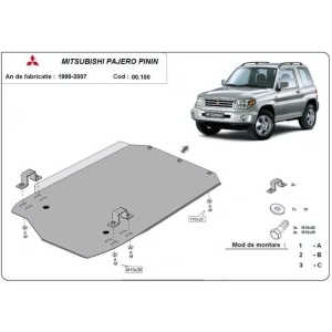 Desen tehnic al scutului de cutie de viteze pentru Mitsubishi Pajero Pinin (1997-2007), cu accesorii.