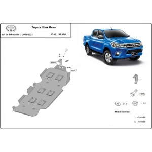Desen tehnic al scutului de motor cu detalii de fixare M10x60 pentru Toyota Hilux Invincible (2021-2023).