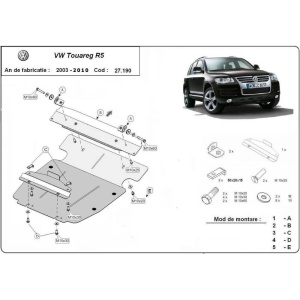Schemă tehnică de montaj pentru scutul de motor VW Touareg 2.5 R5, anii 2003-2010, Volkswagen Touareg 2.5 R5.