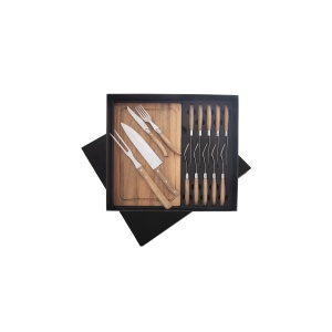 Set steak 15 piese cu tocător din lemn de salcâm și oțel inoxidabil Orion