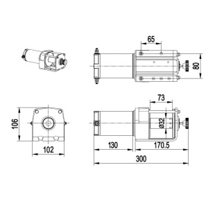 Schemă tehnică cu dimensiunile exacte ale troliului Husar Winch de 3000lbs.