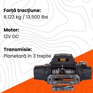 Detalii tehnice troliu EMD Winch Plus: forță tracțiune 6123kg și motor 12V.