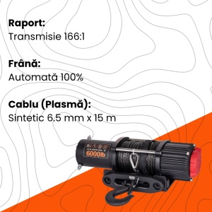Troliu electric auto 6000lbs (2722kg), 12V, cablu sintetic 15m, raport 166:1, EMD Winch - Img 2
