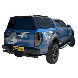 Black hardtop for Ford Ranger, Wildtrak, Raptor (2023-2025), with glassless folding side doors, multifunctional exterior side panels, tailgate with tinted security glass and AQM M80 sliding front window