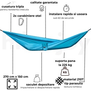 Hamac camping hikerjoy turcoaz, nylon parașută 210T, capacitate 225 kg, hikerjoy