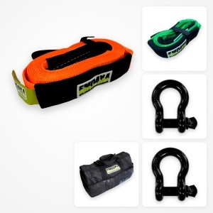 Kit recuperare off-road EMD4x4 Start: chingă tractare 6 m 8t, chingă tractare 3 m 8t, 2 ocheți 6,5t și geantă